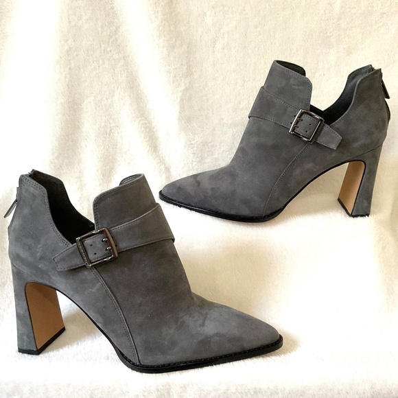 Gray Suede Sculpted Block Heel Booties | Pointed Toe | Buckle Detail Sz 10M - Picture 2 of 16